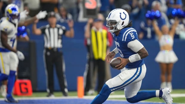 Indianapolis Colts quarterback Anthony Richardson (5) scores a touchdown during the second half of the game against the Los Angeles Rams on Sunday, Oct. 1, 2023, at Lucas Oil Stadium in Indianapolis. The Colts lost in overtime, 29-23.